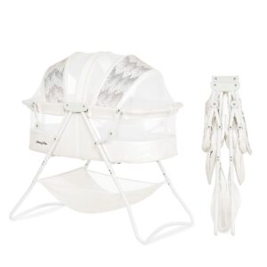 dream on me karley bassinet in dove white, lightweight portable baby bassinet, quick fold and easy to carry, adjustable double canopy, indoor and outdoor bassinet with large storage basket.