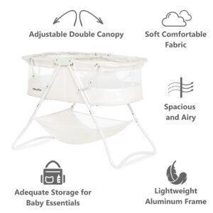 Dream On Me Karley Bassinet in Dove White, Lightweight Portable Baby Bassinet, Quick Fold and Easy to Carry, Adjustable Double Canopy, Indoor and Outdoor Bassinet with Large Storage Basket.