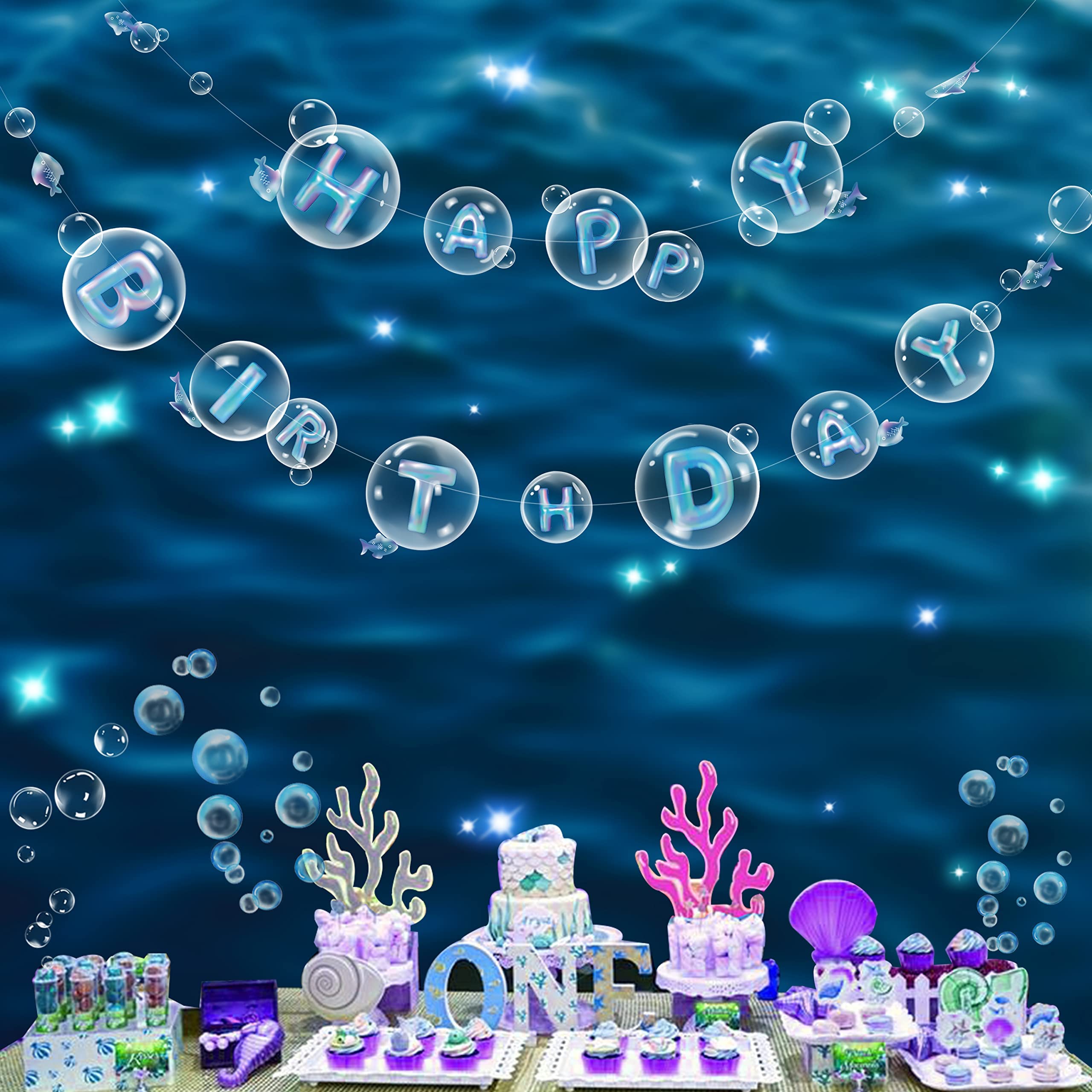 Cheerland Transparent Blue Under the Sea Happy Birthday Banner for Kids Ocean Bday Party Decoration Fish Bubble Garland Hanging Under Sea Birthday Decor for Little Mermaid Birthday Decoration Streamer