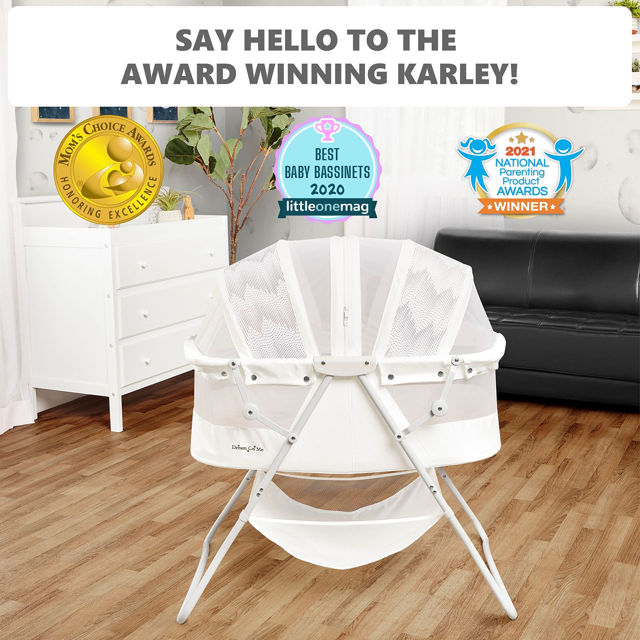 Dream On Me Karley Bassinet in Dove White, Lightweight Portable Baby Bassinet, Quick Fold and Easy to Carry, Adjustable Double Canopy, Indoor and Outdoor Bassinet with Large Storage Basket.