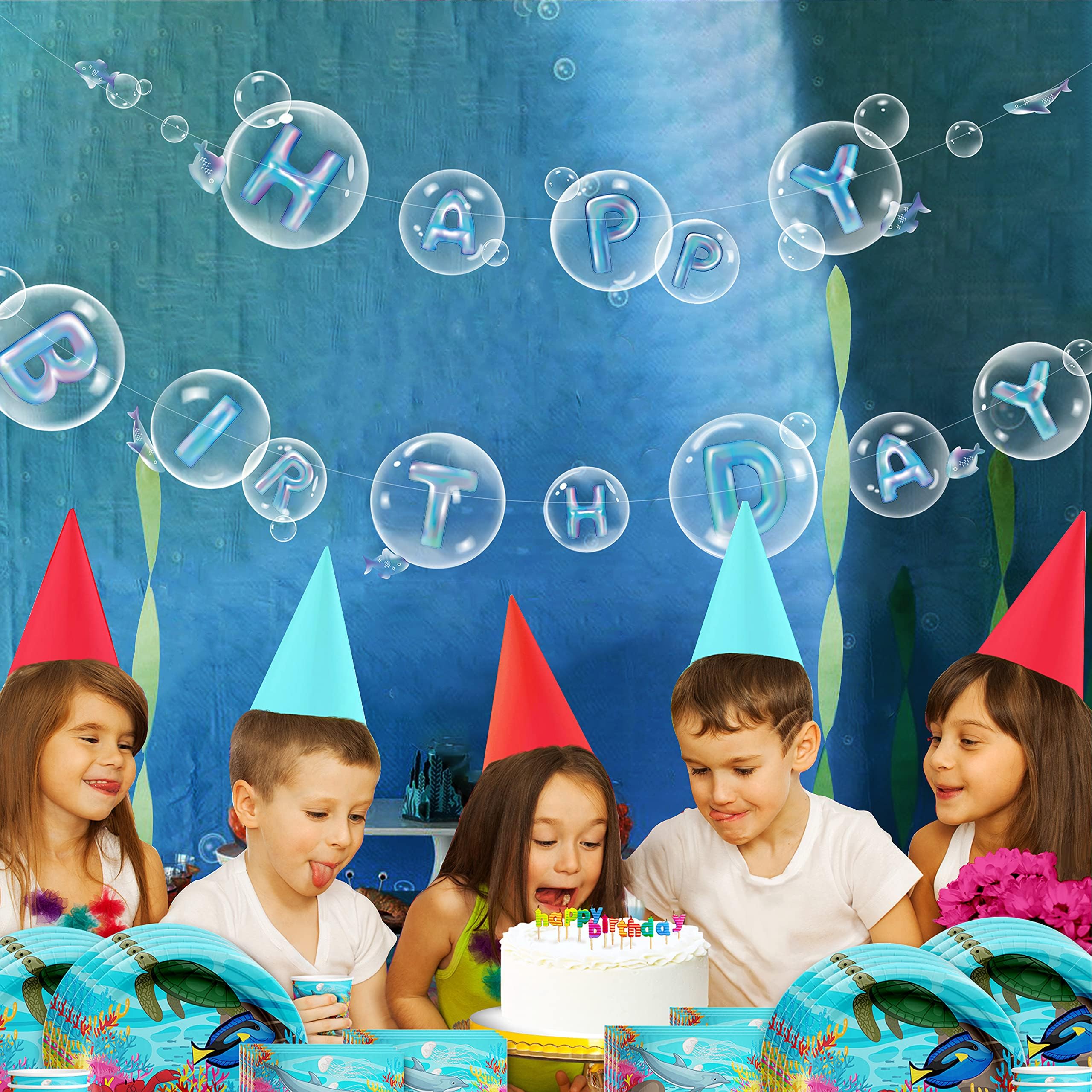 Cheerland Transparent Blue Under the Sea Happy Birthday Banner for Kids Ocean Bday Party Decoration Fish Bubble Garland Hanging Under Sea Birthday Decor for Little Mermaid Birthday Decoration Streamer