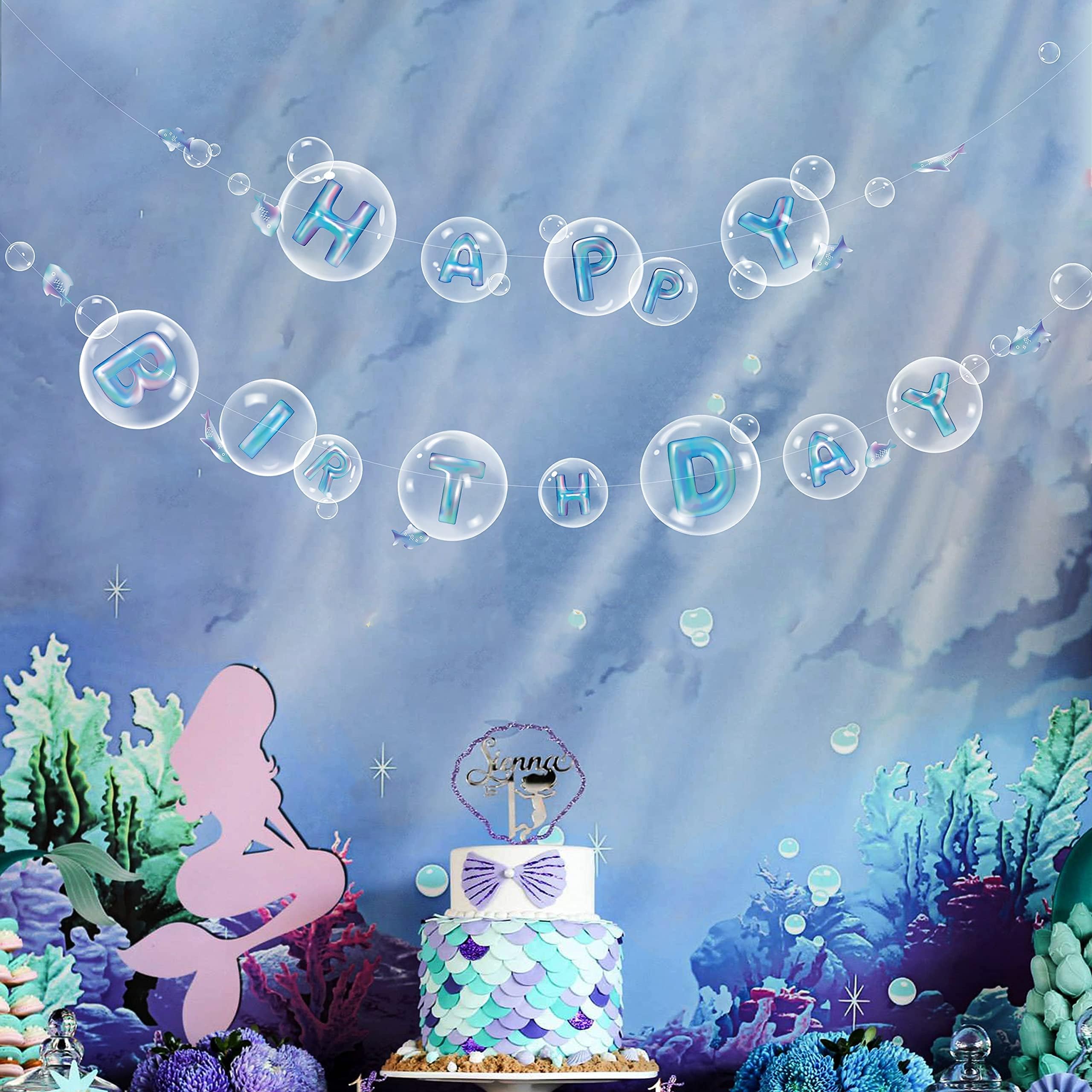 Cheerland Transparent Blue Under the Sea Happy Birthday Banner for Kids Ocean Bday Party Decoration Fish Bubble Garland Hanging Under Sea Birthday Decor for Little Mermaid Birthday Decoration Streamer