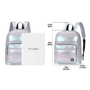 GBLQ PLUS Backpack Purse for Women, Holographic Quilted Puffy Bag, Metallic Backpack, Iridescent Bookbag (Lavender Fog)