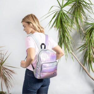 GBLQ PLUS Backpack Purse for Women, Holographic Quilted Puffy Bag, Metallic Backpack, Iridescent Bookbag (Lavender Fog)