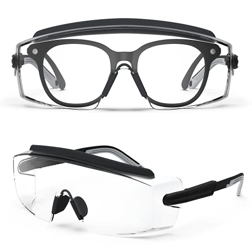 TOREGE Safety Glasses Over Glasses, Anti Fog Safety Glasses With Adjustable Frame And Temples,Fit Well Over Eyeglasses (Black)