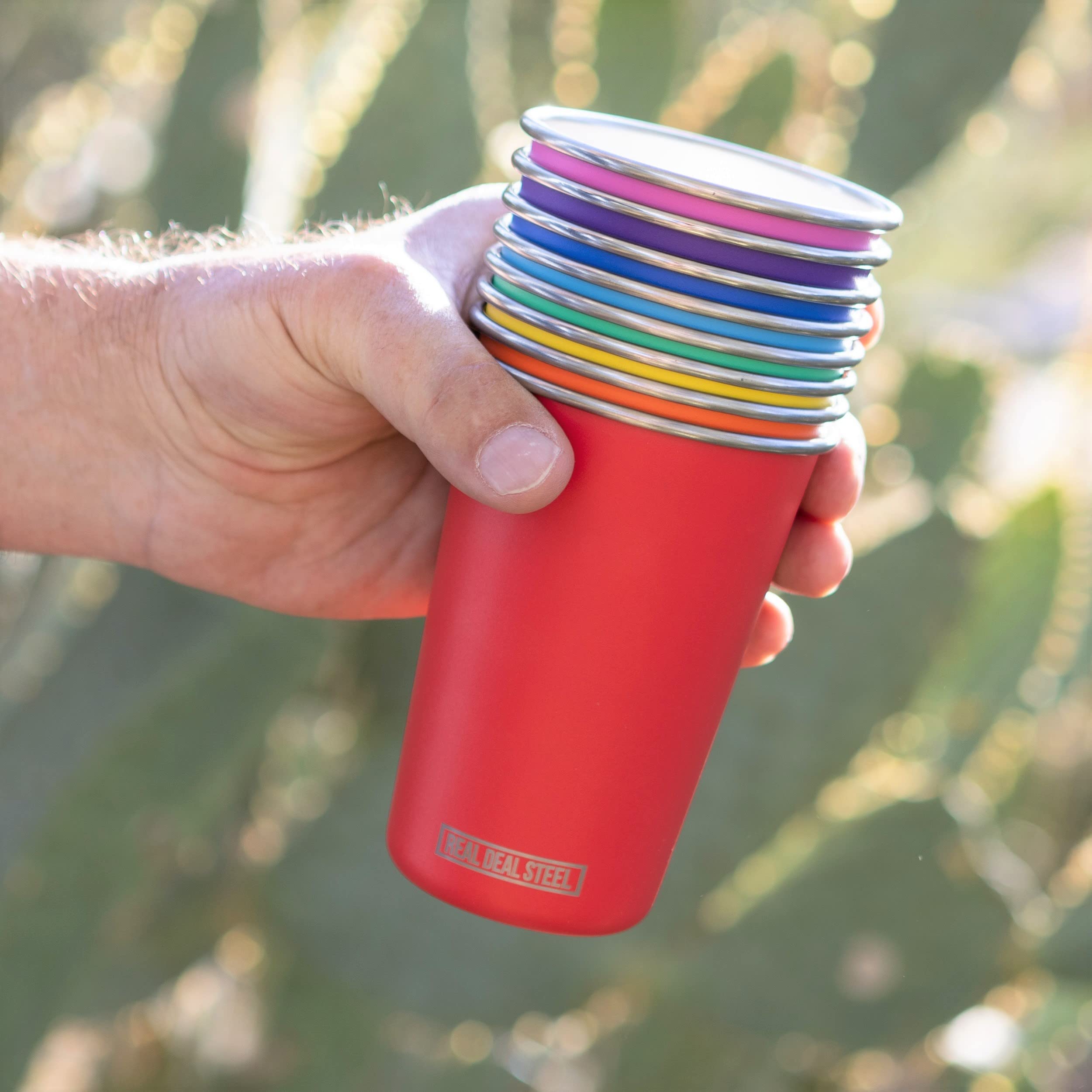 Real Deal Steel Rainbow Cups 16 oz Pint Cups, Stackable Tumblers, Eco Friendly Premium Metal Drinking Glasses