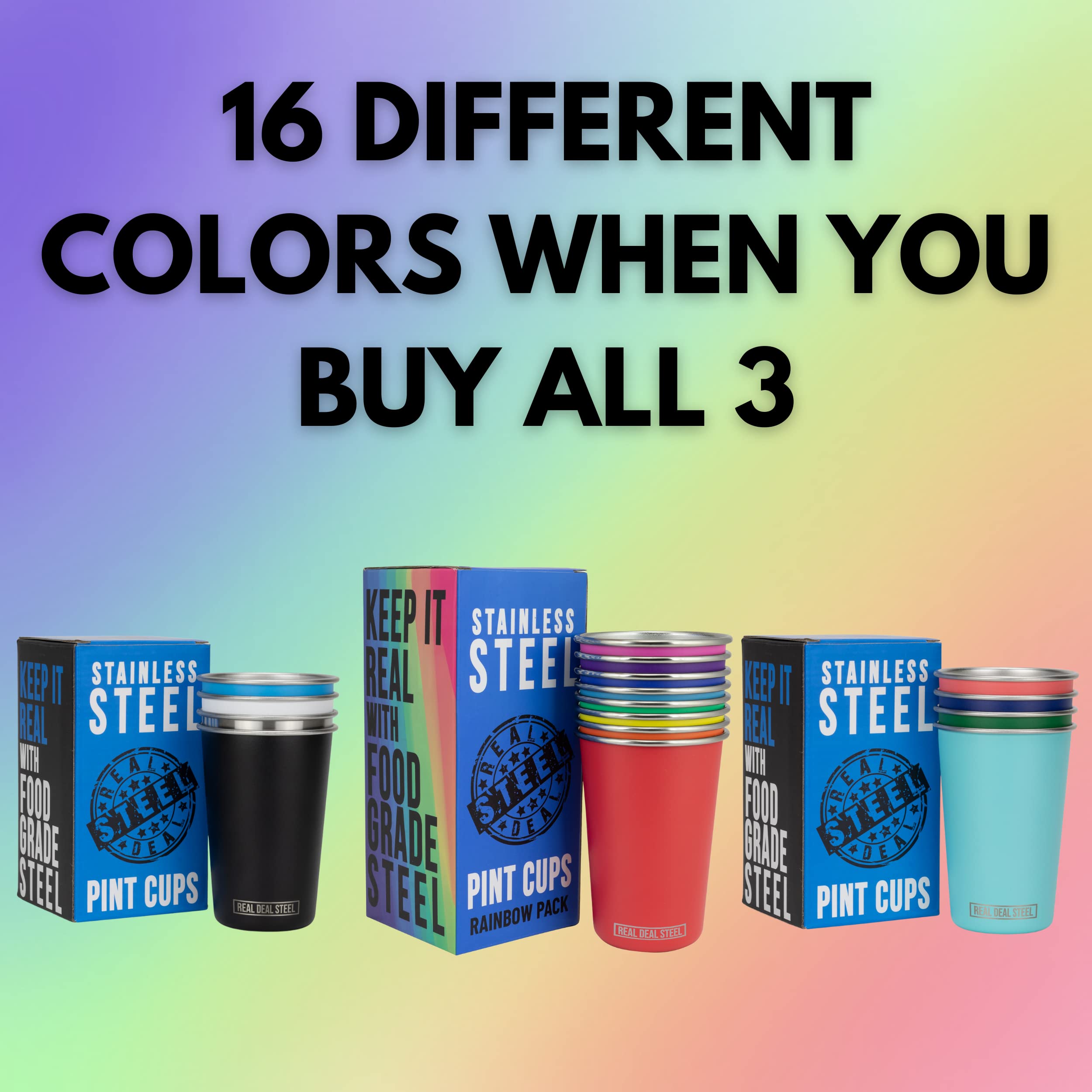 Real Deal Steel Rainbow Cups 16 oz Pint Cups, Stackable Tumblers, Eco Friendly Premium Metal Drinking Glasses
