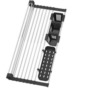 bbxtyly black expandable roll up dish drying rack up to 22.8''with 2 storage baskets,over the sink rolling up dish drainer, foldable,rollable,for kitchen dishes,cups
