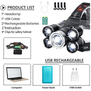 JIMEJV USB Rechargeable Headlamp 12000 Lumen Ultra Bright LED Work Headlight, 4 Modes Waterproof Head Lamp Best Headlamps for Adults, Camping, Outdoors & Hard Hat Work Zoomable Headlight (Sliver)