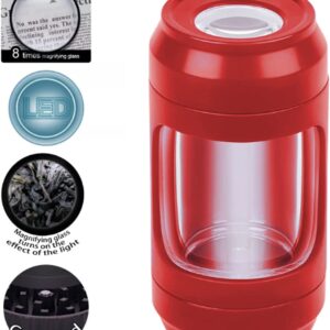 LED Magnifying Jar with Grinder for Herbs, Light up Storage Jar with 8x Magnifying Glass Jar Glow Jar Portable, Storage and Grinding in One Keep Herbs Spice Dry and Fresh (RED)