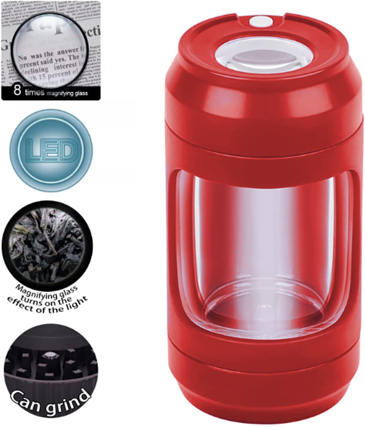 LED Magnifying Jar with Grinder for Herbs, Light up Storage Jar with 8x Magnifying Glass Jar Glow Jar Portable, Storage and Grinding in One Keep Herbs Spice Dry and Fresh (RED)