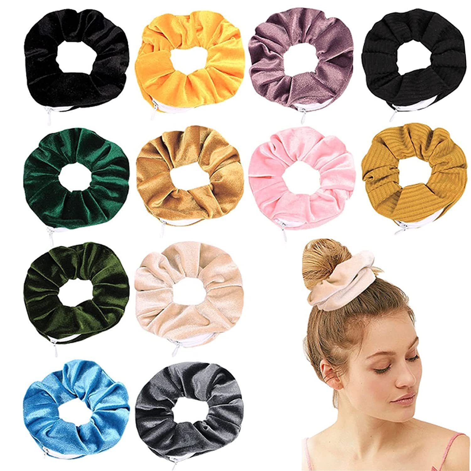 Zipper scrunchie Safe (3 Pack) for black Velvet Stasher scrunchies Compartment for Cash Cards Keys Valuables | Hair bun ties Secret Pocket ponytails women Diversion safes (Purple)