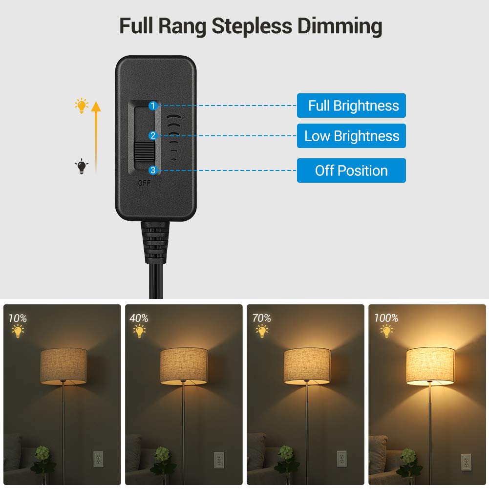 DEWENWILS Table Lamp Dimmer Switch Dimmable LED/CFL Lights, and Incandescent Bulbs, Full Range Slide Control, 6.6 ft Extension Cord, UL Listed, Black, 2 Pack