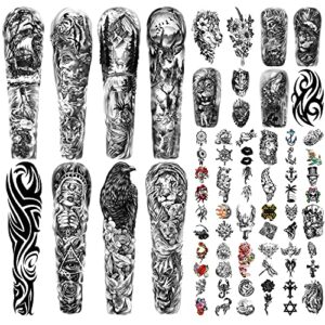 soovsy 46 sheets full arm temporary tattoo with lion, temporary tattoo sleeves for men, fake tattoos adult realistic with flower, full sleeve tattoos for women w/wolf eagle & deer