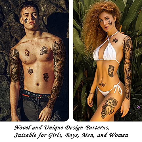 SOOVSY 46 Sheets Full Arm Temporary Tattoo with Lion, Temporary Tattoo Sleeves for Men, Fake Tattoos Adult Realistic with Flower, Full Sleeve Tattoos for Women w/Wolf Eagle & Deer