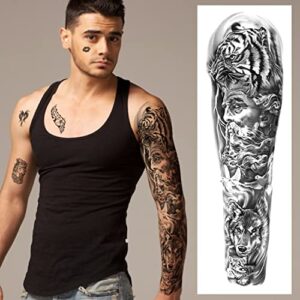 SOOVSY 46 Sheets Full Arm Temporary Tattoo with Lion, Temporary Tattoo Sleeves for Men, Fake Tattoos Adult Realistic with Flower, Full Sleeve Tattoos for Women w/Wolf Eagle & Deer