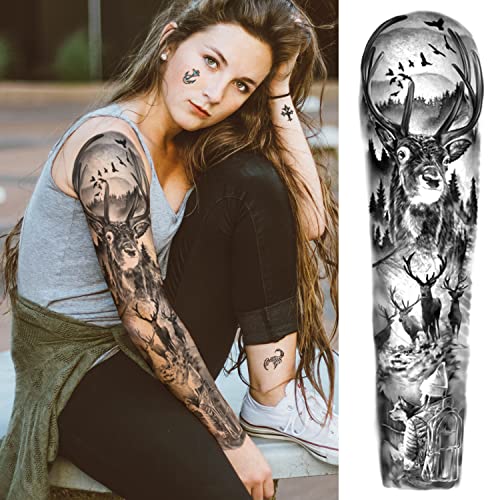 SOOVSY 46 Sheets Full Arm Temporary Tattoo with Lion, Temporary Tattoo Sleeves for Men, Fake Tattoos Adult Realistic with Flower, Full Sleeve Tattoos for Women w/Wolf Eagle & Deer