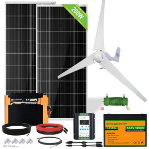 eco-worthy 600w 2.4kwh solar wind power complete off-grid system: 1*400w wind turbine generator + 2*100w mono solar panel + 1*100ah lithium battery + 1*1100w inverter for home, farm, cabin garden