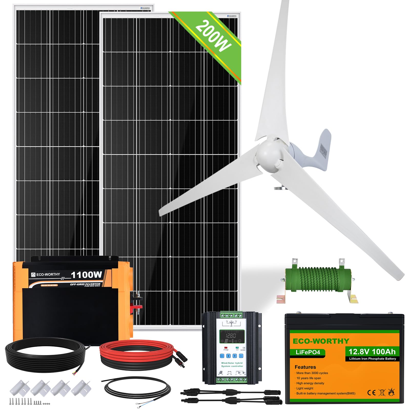 ECO-WORTHY 600W 2.4KWH Solar Wind Power Complete Off-Grid System: 1*400W Wind Turbine Generator + 2*100W Mono Solar Panel + 1*100AH Lithium Battery + 1*1100W Inverter for Home, Farm, Cabin Garden