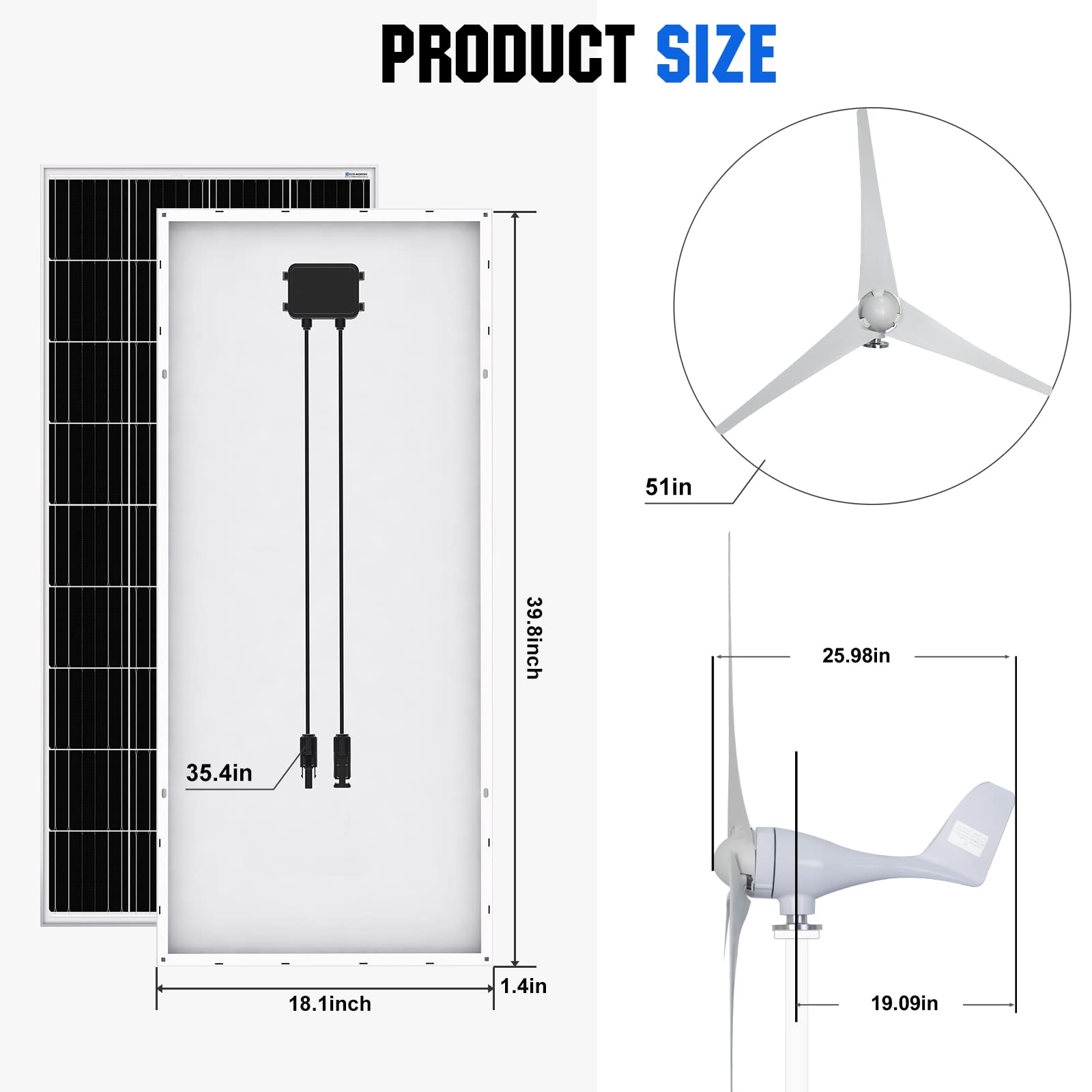 ECO-WORTHY 600W 2.4KWH Solar Wind Power Complete Off-Grid System: 1*400W Wind Turbine Generator + 2*100W Mono Solar Panel + 1*100AH Lithium Battery + 1*1100W Inverter for Home, Farm, Cabin Garden