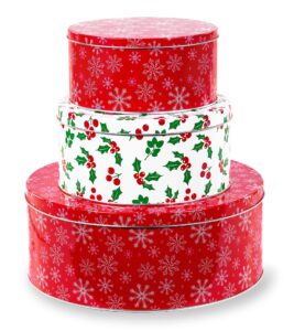 steel mill & co tin containers with lids, 3 pack christmas cookie tins, festive cookie tins for gift giving & holiday treats, round metal nesting containers, large medium small, snowflake & holly