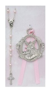 catholicstore girl's guardian angel crib medal & rosary set, pink ribbon, 2-1/2" medallion, 3mm beads