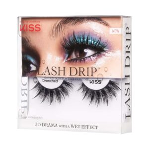 KISS Lash Drip False Eyelashes, Spiky X Boosted Volume, Unique Wet Look Hydrated Effect, Multi-Length Rewearable Fake Eyelashes, Wispy Crisscross Lash Pattern, Style ‘Drenched’, 1 Pair