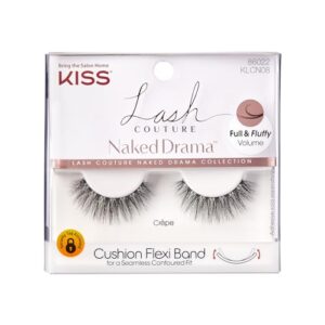 kiss lash couture naked drama false eyelashes, crepe', 10 mm, cushion flexi band, contact lens friendly, easy to apply, reusable strip lashes, includes 1 pair fake eyelashes