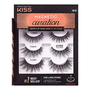 kiss magnetic curation false eyelashes, 3 pair with 5 double strength magnets, wind resistant, dermatologist tested, last up to 16 hours, reusable up to 15 times in 3 styles, black, 3 count