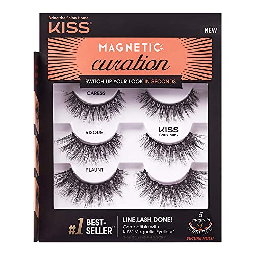 KISS Magnetic Curation False Eyelashes, 3 Pair with 5 Double Strength Magnets, Wind Resistant, Dermatologist Tested, Last Up To 16 Hours, Reusable Up To 15 Times in 3 Styles, Black, 3 Count