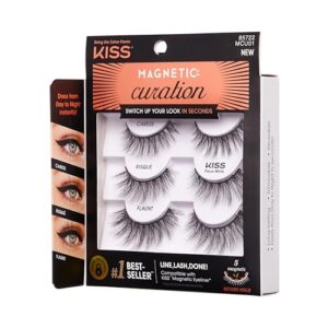 KISS Magnetic Curation False Eyelashes, 3 Pair with 5 Double Strength Magnets, Wind Resistant, Dermatologist Tested, Last Up To 16 Hours, Reusable Up To 15 Times in 3 Styles, Black, 3 Count