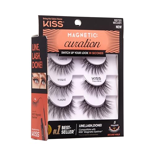 KISS Magnetic Curation False Eyelashes, 3 Pair with 5 Double Strength Magnets, Wind Resistant, Dermatologist Tested, Last Up To 16 Hours, Reusable Up To 15 Times in 3 Styles, Black, 3 Count