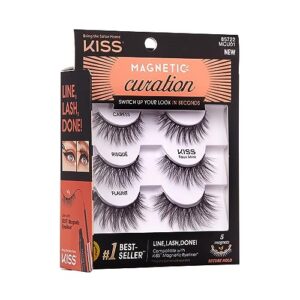 KISS Magnetic Curation False Eyelashes, 3 Pair with 5 Double Strength Magnets, Wind Resistant, Dermatologist Tested, Last Up To 16 Hours, Reusable Up To 15 Times in 3 Styles, Black, 3 Count