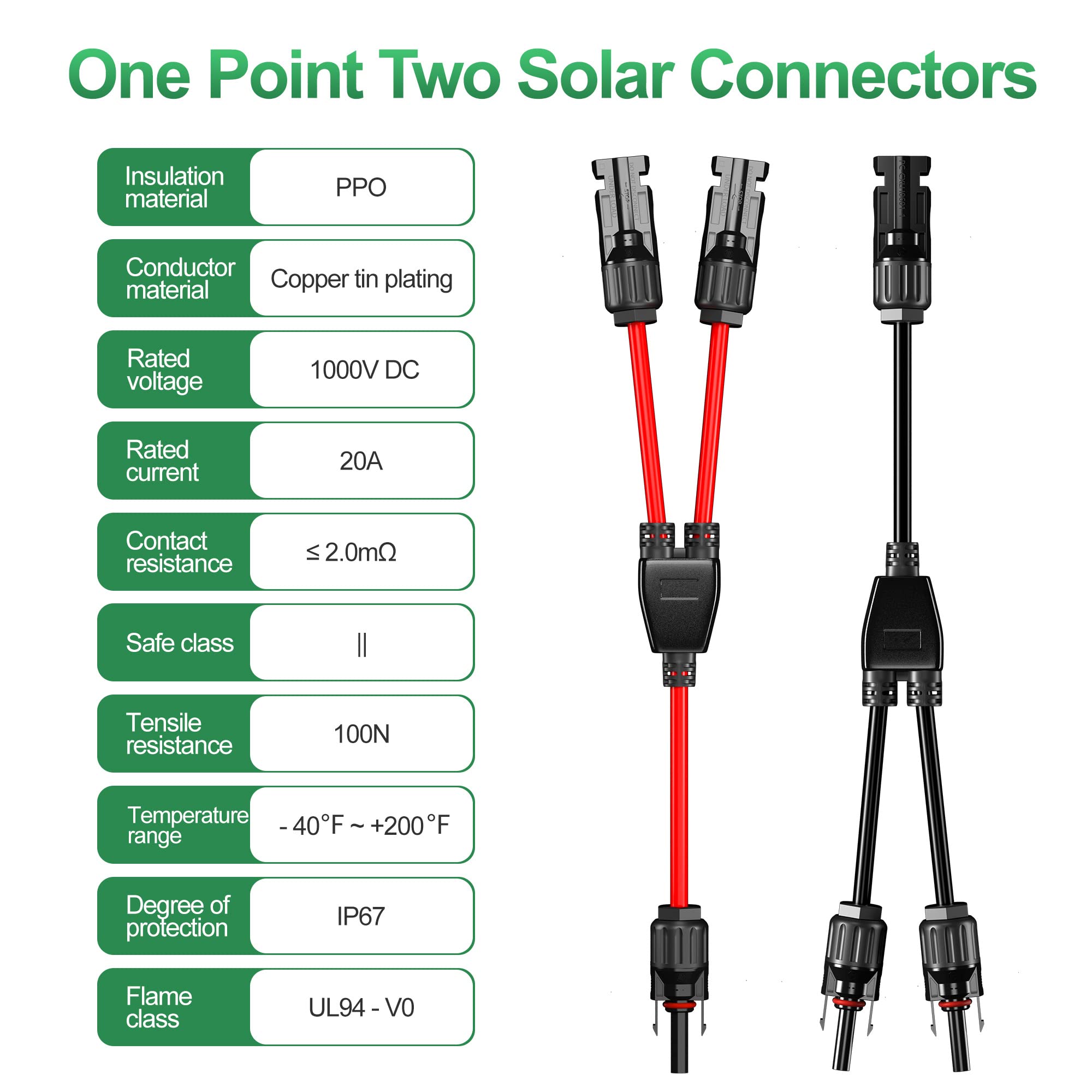 OYMSAE 2 Pairs Solar Connectors Y Branch Parallel Adapter Cable 1 to 2 Solar Panel Connectors Wire Plug Tool Kit for Solar Panel (M/FF, F/MM)