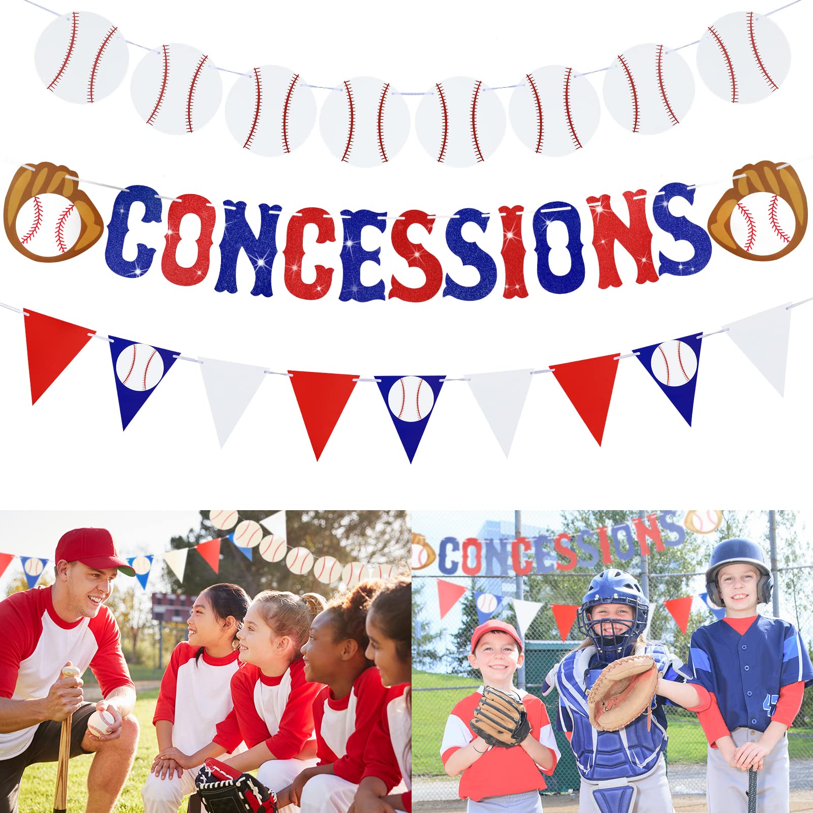 3 Pieces Baseball Garland Baseball Banner Glitter Concessions Banner Baseball Triangle Bunting Pennant Flag Sports Themed Baseball Decorations for Party Favors Baseball Birthday Party Supplies