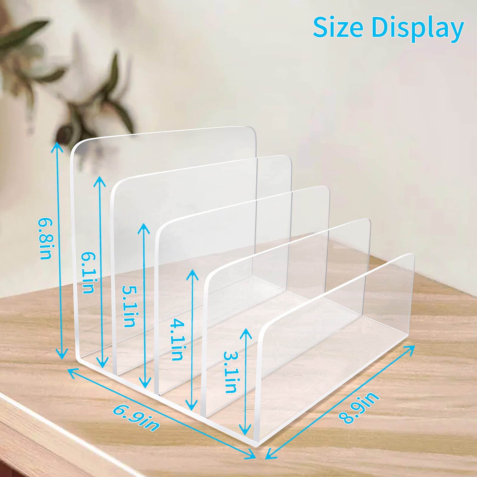 Carooyac Clear Acrylic File Organizer, 4 Sections Acrylic File Holder Sorter, Office Desk Organizer for File Folder Mail Letter Book Electronics Makeup Eye Shadow Palette