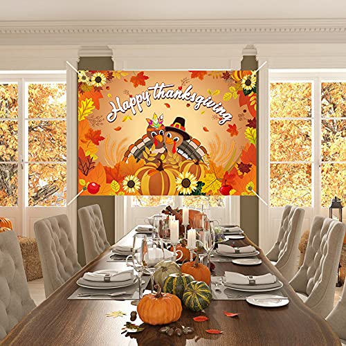 7x5ft Happy Thanksgiving Fabric Fall Photography Backdrop Autumn Leaves Pumpkin Turkey Sunflower Large Size Background for Fall Party Supplies Farm Harvest Event Banner Decoration Photo Booth Props