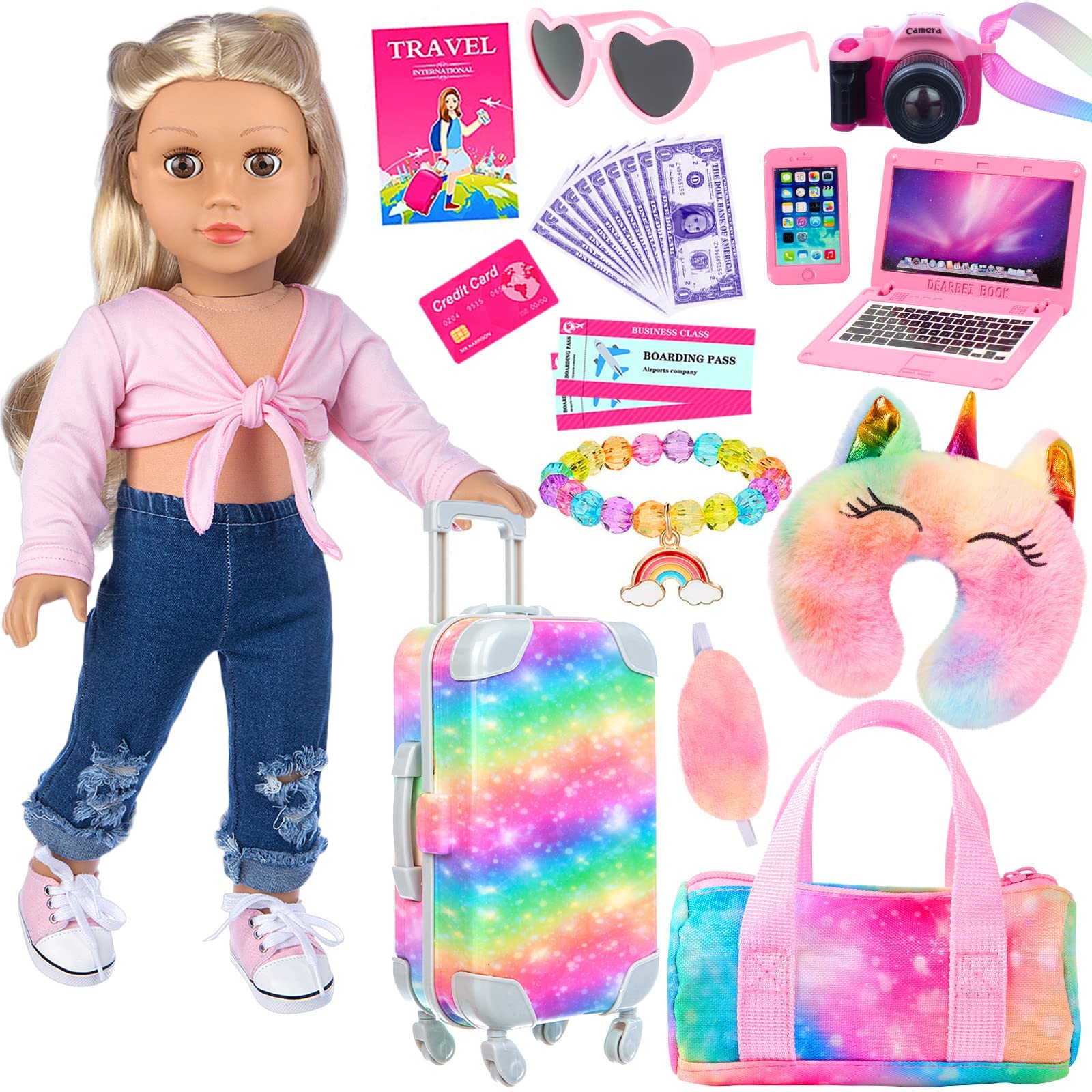 K.T. Fancy 23 PCS American 18 Inch Doll Accessories Suitcase Luggage Travel Set - Rainbow Suitcase Rainbow Bag Camera Computer Cell Phone Neck Pillow Eye Mask Glasses Gift for Christmas (NO Doll)