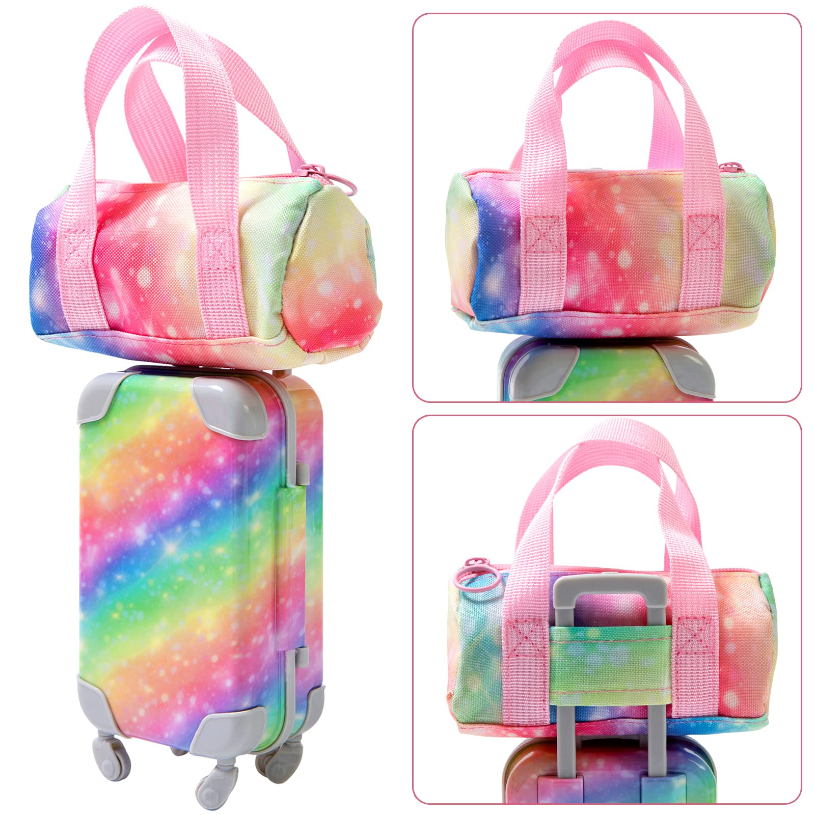 K.T. Fancy 23 PCS American 18 Inch Doll Accessories Suitcase Luggage Travel Set - Rainbow Suitcase Rainbow Bag Camera Computer Cell Phone Neck Pillow Eye Mask Glasses Gift for Christmas (NO Doll)