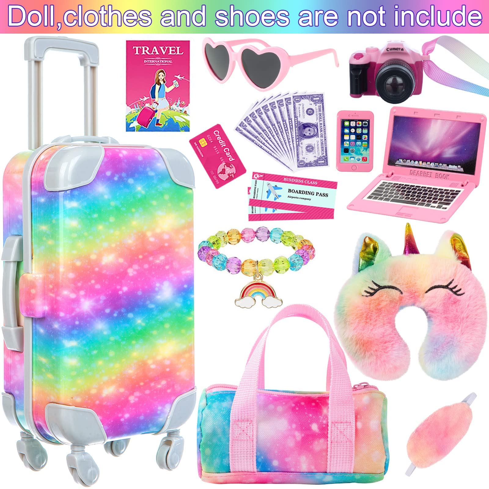 K.T. Fancy 23 PCS American 18 Inch Doll Accessories Suitcase Luggage Travel Set - Rainbow Suitcase Rainbow Bag Camera Computer Cell Phone Neck Pillow Eye Mask Glasses Gift for Christmas (NO Doll)