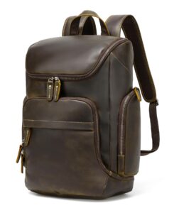 lannsyne retro distressed cowhide leather backpack for men fits 16" laptop rucksack travel weekender daypack