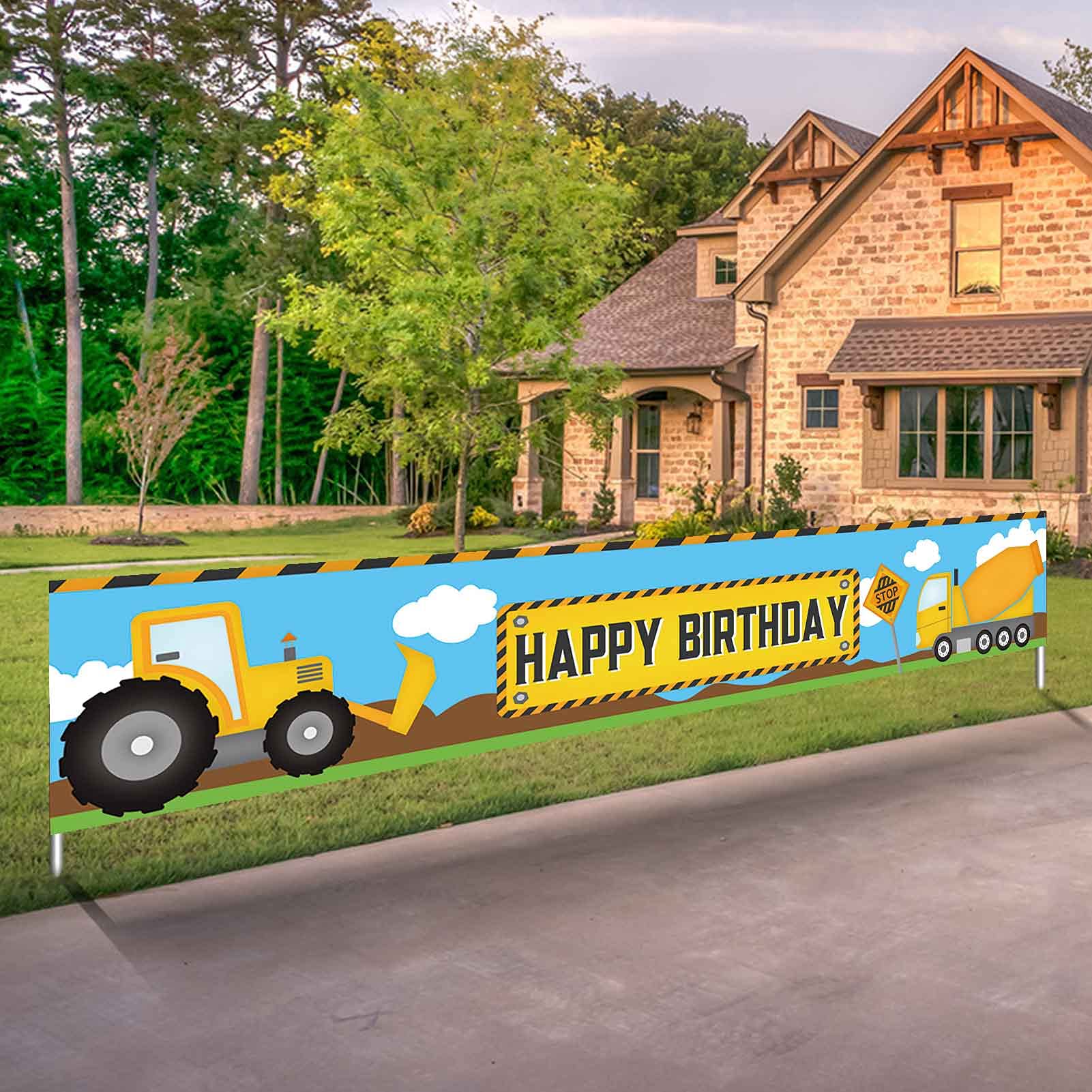 ZDX Construction Theme Happy Birthday Banner 118'' x 20'' Large Indoor Outdoor Decorations Yard Sign Excavator Dump Trucks Boy Birthday Party Banner Supplies Cake Table Photo Background