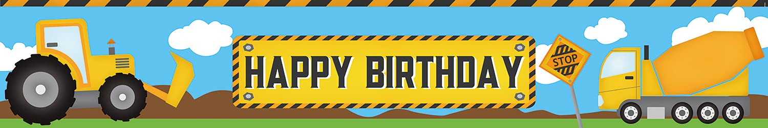 ZDX Construction Theme Happy Birthday Banner 118'' x 20'' Large Indoor Outdoor Decorations Yard Sign Excavator Dump Trucks Boy Birthday Party Banner Supplies Cake Table Photo Background