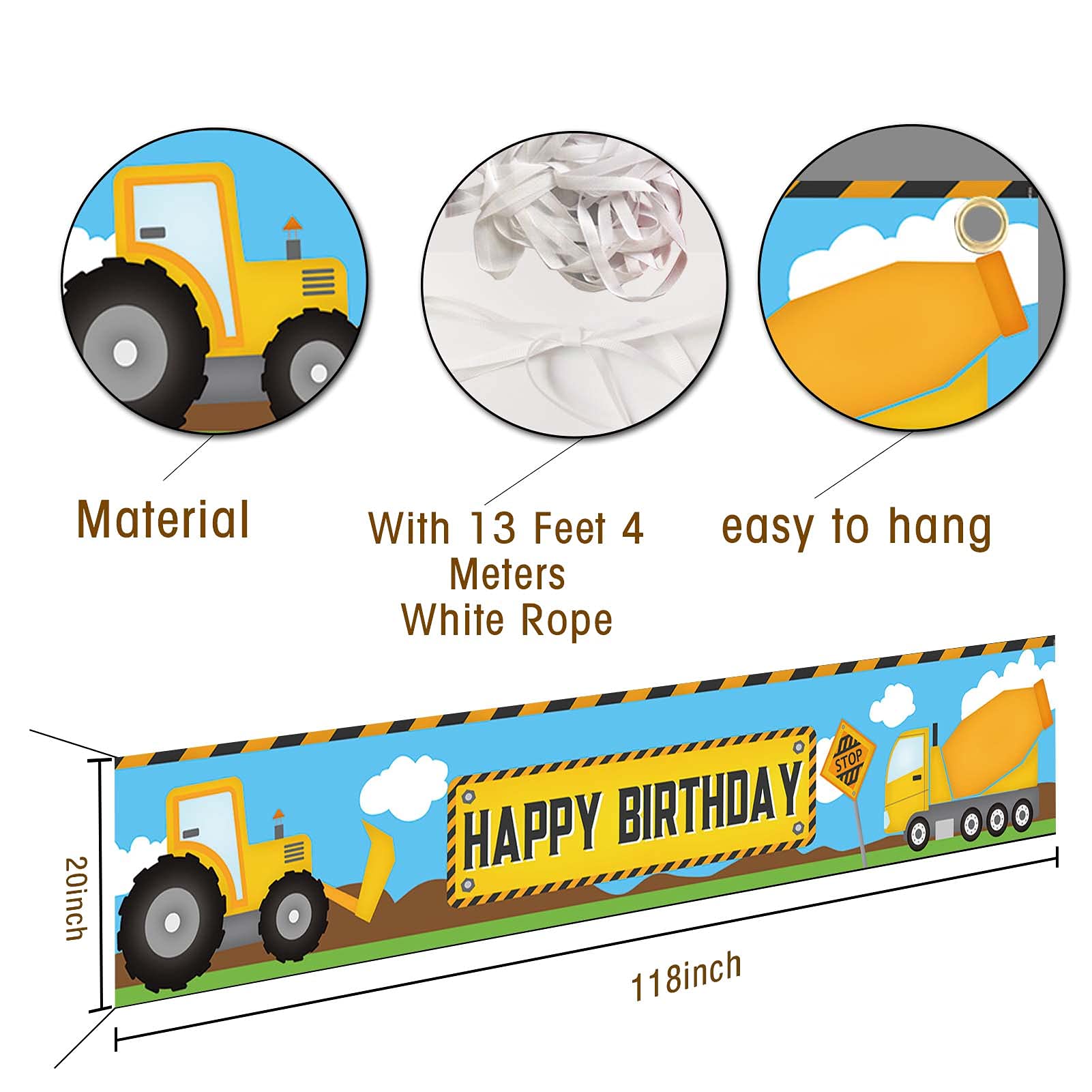 ZDX Construction Theme Happy Birthday Banner 118'' x 20'' Large Indoor Outdoor Decorations Yard Sign Excavator Dump Trucks Boy Birthday Party Banner Supplies Cake Table Photo Background