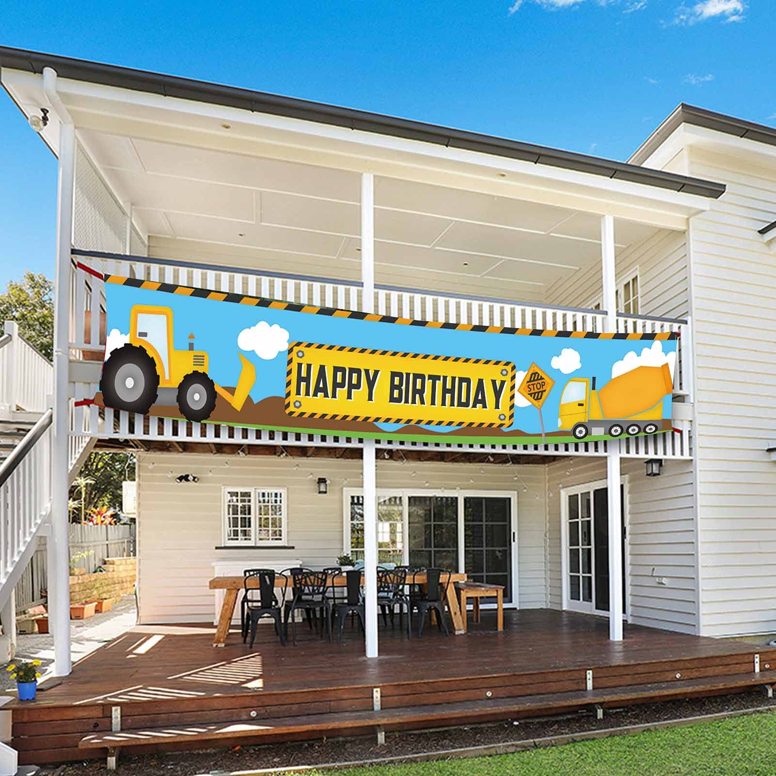 ZDX Construction Theme Happy Birthday Banner 118'' x 20'' Large Indoor Outdoor Decorations Yard Sign Excavator Dump Trucks Boy Birthday Party Banner Supplies Cake Table Photo Background