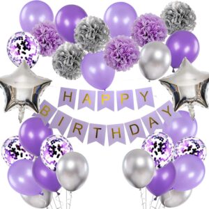 rabbmall birthday decorations for girls purple and silver lavender party decor kit for her women including happy birthday banner pompom flower foil balloons confetti latex balloon ribbons