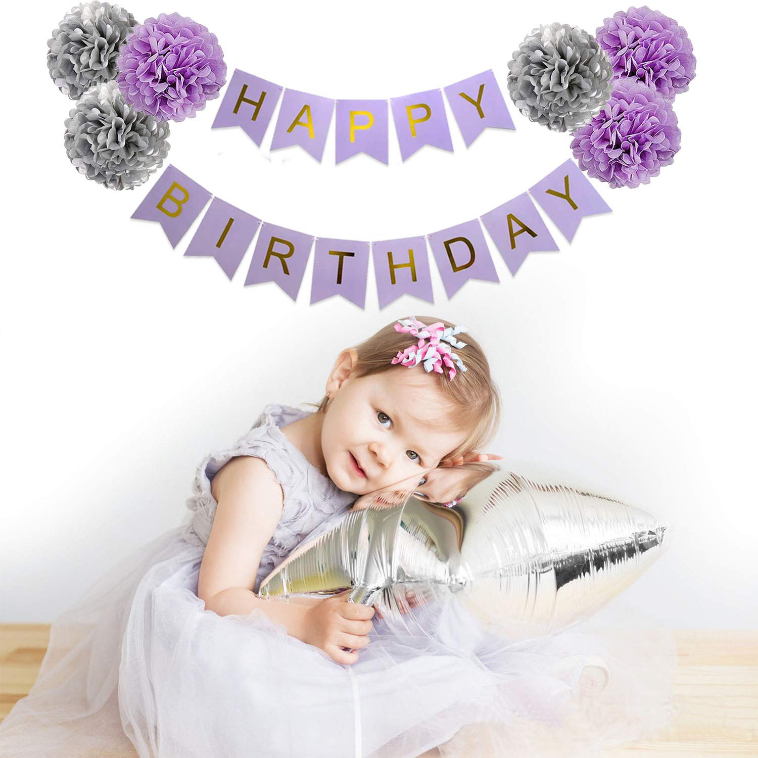 Rabbmall Birthday Decorations for Girls Purple and Silver Lavender Party Decor Kit for Her Women Including Happy Birthday Banner Pompom Flower Foil Balloons Confetti Latex Balloon Ribbons