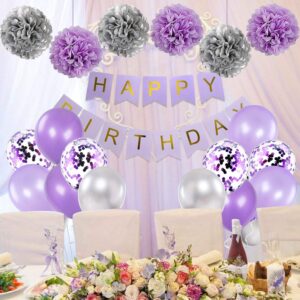 Rabbmall Birthday Decorations for Girls Purple and Silver Lavender Party Decor Kit for Her Women Including Happy Birthday Banner Pompom Flower Foil Balloons Confetti Latex Balloon Ribbons