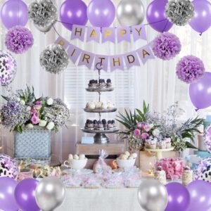 Rabbmall Birthday Decorations for Girls Purple and Silver Lavender Party Decor Kit for Her Women Including Happy Birthday Banner Pompom Flower Foil Balloons Confetti Latex Balloon Ribbons