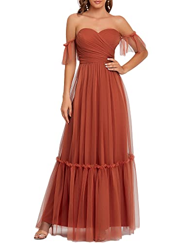 Ever-Pretty Women's Formal Dress Sweetheart Off-Shoulder Ruched Tulle Maxi Bridesmaid Dresses Burnt Orange US4